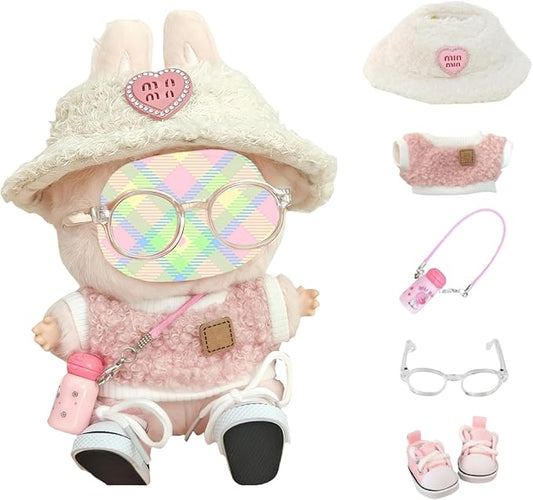 Clothes Set for Dolls Accessoriess (No Doll), Cute Kawaii Outfit Set 5 Pieces for 15cm 17cm Doll, Dress Up Doll Clothing Set Replacement with Hat Glasses Sweater Shoes