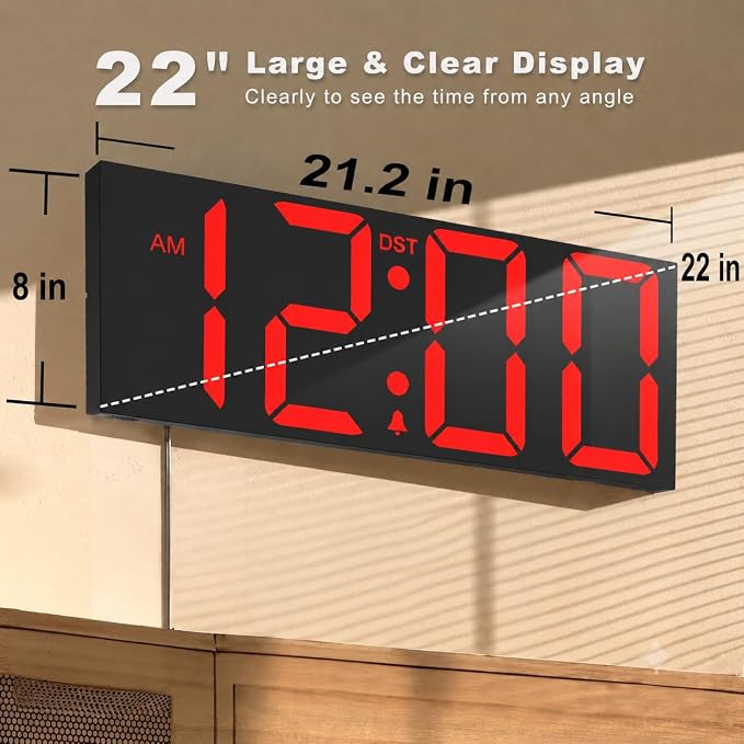 JALL 22" Large Digital Wall Clock, Big LED Display with Night Light, Auto Dimming & DST, Giant Alarm Clock for Seniors, Elderly Parents, Gift for Mom Dad (Red)