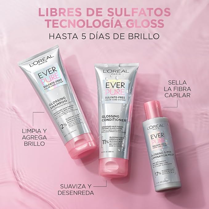 L'Oreal Paris Glossing Sulfate Free Shampoo with Glycolic Acid, Hair Care for Lasting Shine and Smoothness for Dull, Dry Hair, EverPure, 6.8 Fl Oz, (Pack of 2)