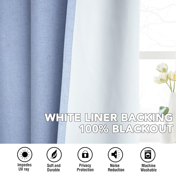 H.VERSAILTEX Linen Curtains 100% Blackout Curtains for Bedroom 90 inch Long Full Light Blocking Nature Linen Blended Window Curtains for Living Room Nickel Grommet (2 Panels, Heathered Chambray Blue)