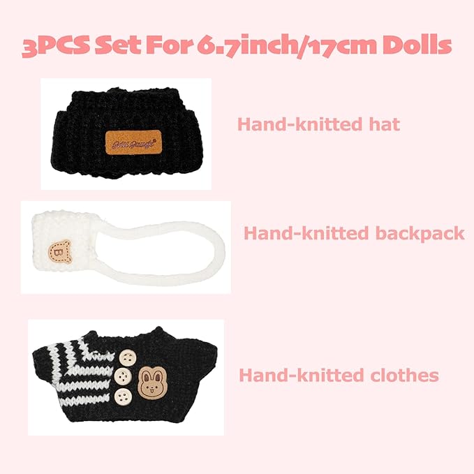 Clothes for 17cm Dolls, Clothes Set for 17cm Doll, Crochet 3 Piece Set Hat Clothes Backpack for Dolls, Stylish Adorable Dolls Clothes Accessories (No Doll) (Black)