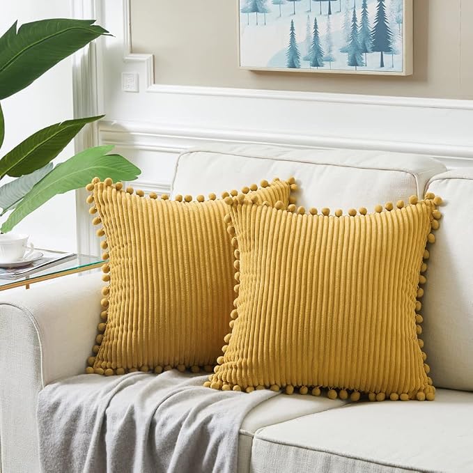 Fancy Homi Pack of 2 Mustard Yellow Decorative Throw Pillow Covers 16x16 Inch with Pom-poms for Living Room Couch Bedroom, Soft Corduroy Fall Solid Square Cushion Case 40x40 cm, Boho Home Decor