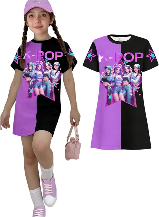 Girl's Anime K-POP Graphic Long Dress T-Shirt - Casual Loose Fit Short Sleeve Top