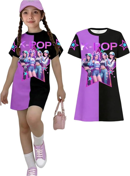 Girl's Anime K-POP Graphic Long Dress T-Shirt - Casual Loose Fit Short Sleeve Top