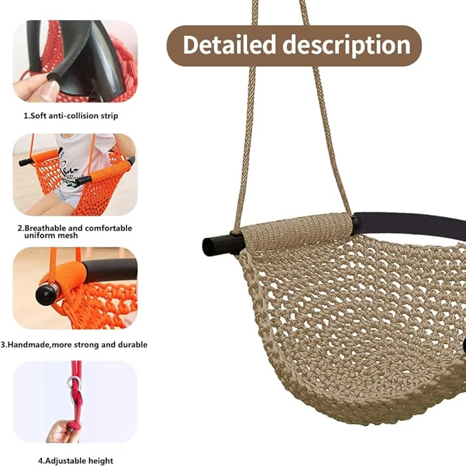 Hand-Knitting Toddler Swing, Swing Seat for Kids with Adjustable Ropes, Little tikes Swings Set, for Outdoor Indoor, Playground, Backyard (Light Brown)