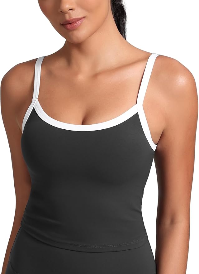 HeyNuts Vintage Color-Block Strappy Crop Tank Top for Womens, Cute Contrasting Trim Yoga Longline Sports Bras Padded A-D Cups