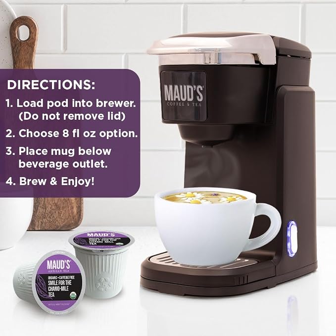 Maud's Organic Chamomile Lavender Tea Pods, 24 ct, Single Serve Pods – 100% Gourmet Blended Tea Leaves, Compatible with Keurig K Cups Maker