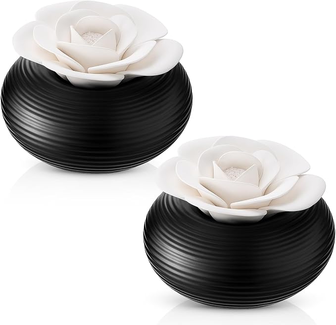 Honeydak 2 Pcs Ceramic Essential Oil Diffuser, Non Electric Reedless Passive Porcelain Flower Aromatherapy Diffuser, Decorative Floral Design Tabletop Office Home Bathroom Decor (Rose)