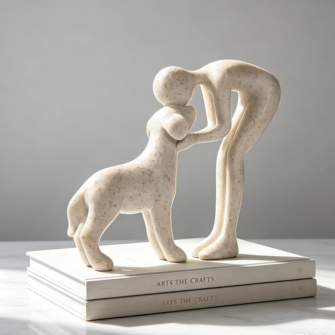 Abstract Person and Dog Head-to-Head Figurine Sandstone | abstract sculpture celebrating the bond between person and pet. Intimate head-to-head Touching memory keepsake for dog lovers