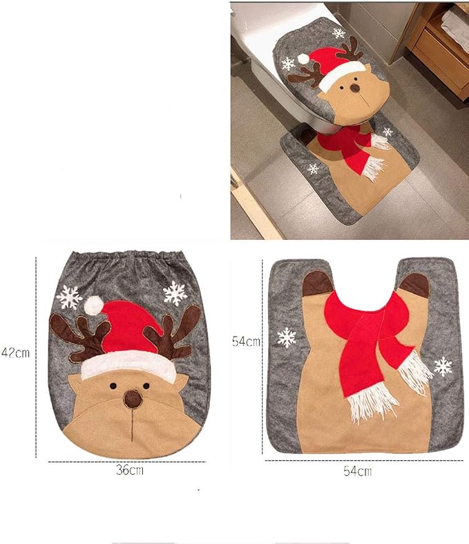 HESHIFENG. party & accessories Christmas Snowman Santa Deer Toilet Seat Cover and Rug Set Red Christmas Decorations Bathroom (Deer)