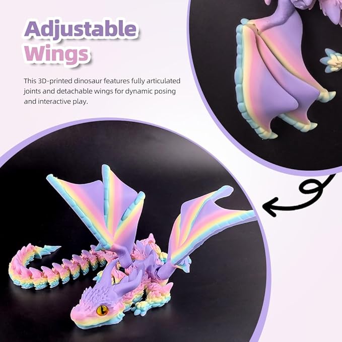 3D Printed Dragon with Wings,3D Printed Animals Toys, Fidget Dragon Toys, Flexible Articulated Winged Crystal Dragon Model,Desktop Pet Deco (Matte-Rainbow)