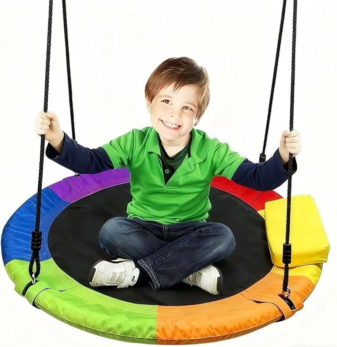 Saucer Tree Swing 40 Inch 600lb Weight Capacity with 2pcs Hanging Straps, 900D Oxford Fabric Waterproof Durable Steel Frame and Carabiner for Kids Adults with Pillow,for Backyard (Rainbowcolor)