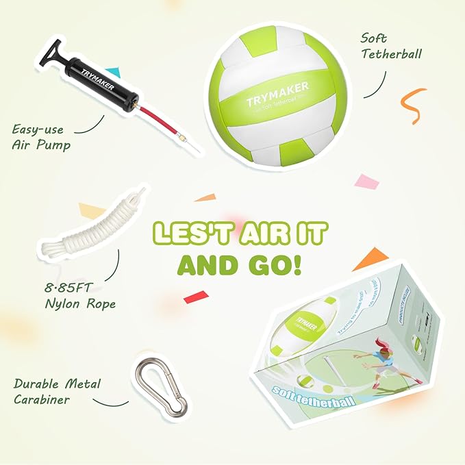 Trymaker Tetherball Ball and Rope, Tether Ball Soft, Tether Balls and Rope Set with Pump for Adults Backyard Outdoors