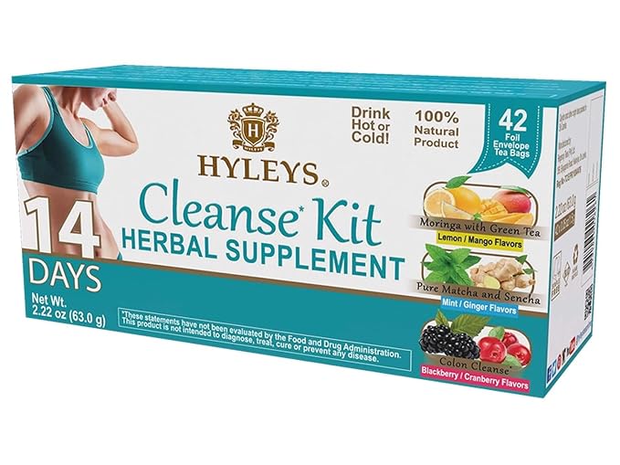 Hyleys Detox Tea for Cleanse and Weight Loss – 14 Day Detox Kit with 42 Tea Bags – Natural Moringa, Matcha, Senna – Supports Colon Cleanse, Digestion, and Metabolism – Mango, Lemon, Ginger, Mint, Blackberry, Cranberry Flavors