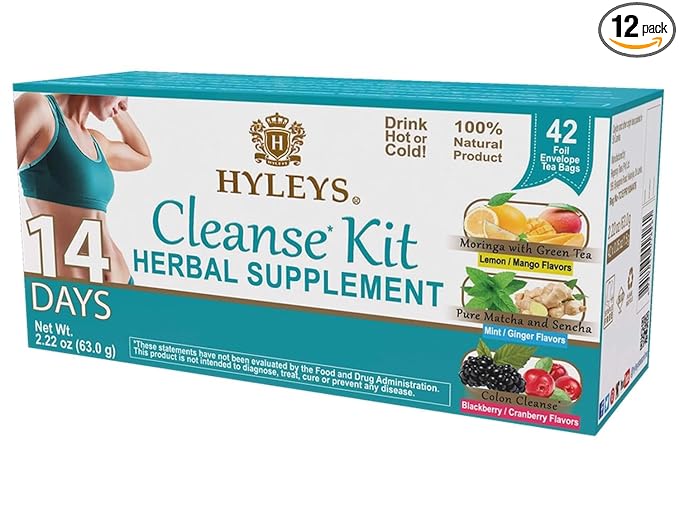 Hyleys Detox Tea for Cleanse and Weight Loss – 14 Day Detox Kit with 42 Tea Bags – Natural Moringa, Matcha, Senna – Supports Colon Cleanse, Digestion, and Metabolism (12 Pack - 504 Tea Bags Total)