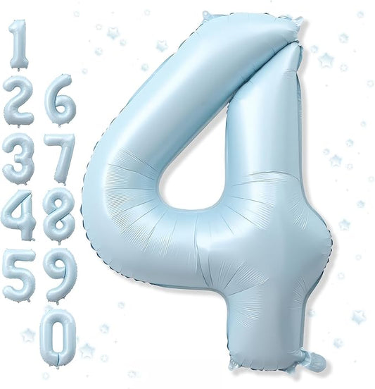 Foil 4 Balloon, Light Blue Big Number 4 Balloons for Boys Birthday Party Decor, 40 Inch Mylar Helium Self Inflating Number Four Sky Baby Blue Balloon for Kids 4th Birthday Party Anniversary Decoration