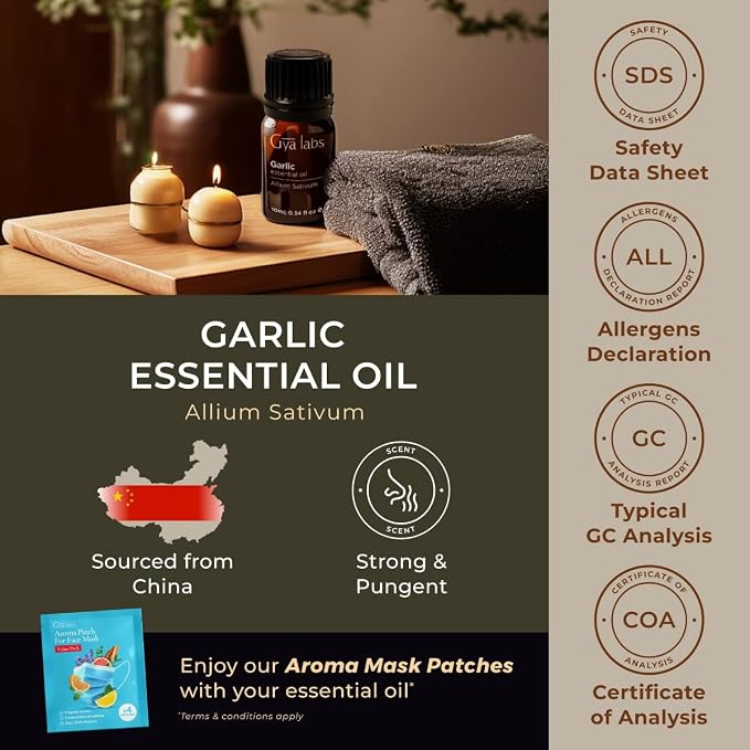 100% Pure Garlic Essential Oil - 0.34 Fl Oz - Garlic Oil for Hair, Skin, Diffuser, Aromatherapy & DIY Candle Making Scent