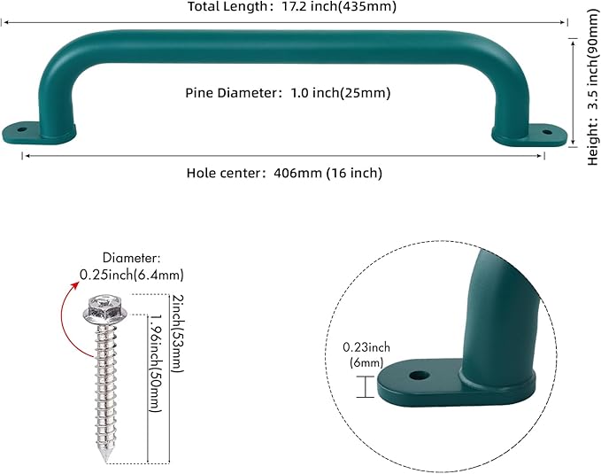 17 Inch Green Metal Safety Playground Handles Pack of 6 - Playset Grab Handles, Swing Sets Hand Grips Grab Rail, Kids Monkey Bar for Indoor Playroom