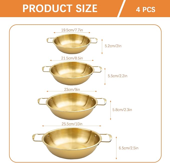 4-Piece Korean Ramen Pot for Stove, Stainless Steel Korean Noodle Pot with Handles, Golden Soup Pots & Cooking Pots for Home & Outdoor Use (Inner Diameter 7.7", 8.5", 9", 10")