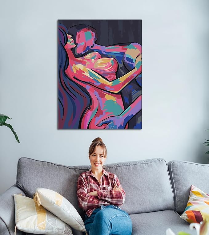 Yeesjoee Abstract Adults Sex Wall Art Sexy Couple Body HD Print Nude Lovers Kissing Colorful Naked Picture Canvas Paintings Woman and Man Modern Home Decor for Bedroom College Dorm, 24x36 in Framed