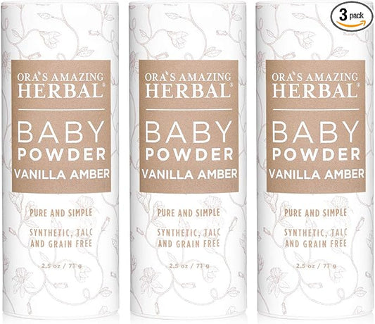 Baby Powder Talc-Free, Real Vanilla Amber Natural Scent, Cornstarch Free Arrowroot and Clay Based Powder, Synthetic Fragrance Free, Ora's Amazing Herbal, 2.5 oz 3 Pack