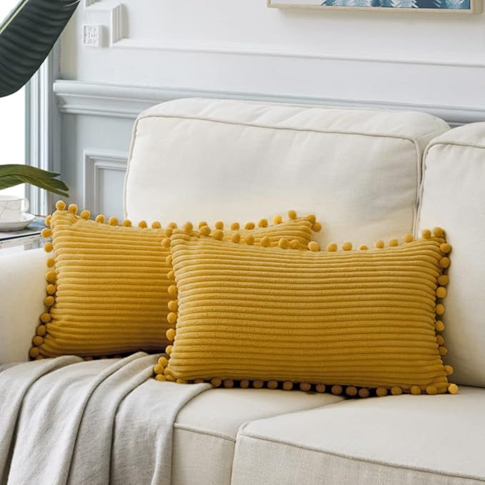 Fancy Homi 2 Pack Mustard Yellow Lumbar Decorative Throw Pillow Covers 12x24 Inch with Pom-poms for Living Room Couch Bedroom, Soft Corduroy Solid Cushion Case 30x60 cm, Rustic Farmhouse Home Decor