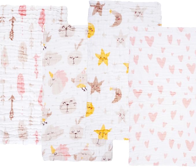 Viviland Baby Muslin Burp Cloths, 10 x 20 inches 6-Layer Baby Bath Towels, 100% Cotton Super Absorbent Washcloths for Baby Girl and Boy, Pink Heart & Star Pattern 4 Pack