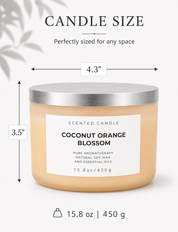 Coconut Orange Blossom Candle | 3-Wick Large Soy Candle 15.8 oz | Creamy Tropical Citrus Floral Scented Candles for Home | Strong Throw, Clean Burn Long Lasting | Aromatherapy Gift for Women