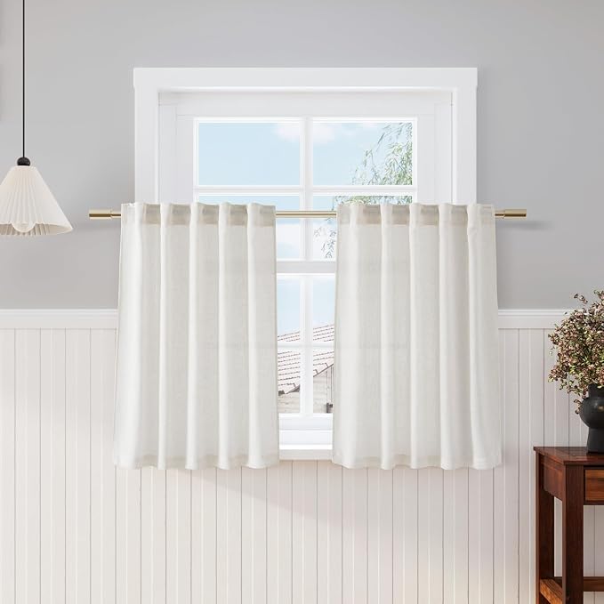 Nanspring Cafe Linen Curtains 40 Inch Length Cream Privacy Semi Sheer Light Filtering Back Tab and Rod Pocket Drapes for Basement/Loft Room Small Window 34 x 40 Inch,2 Panels