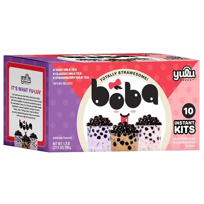 Boba Bundle Kit 10 Serv. Instant Bubble Pearl Variety Milk Tea Kit with Authentic Brown Sugar Tapioca Pearls by Yulu Foods - Ready in Under 1 Minute, Includes Paper Straws - Gift Box, Holiday (Classic, Taro and Strawberry)