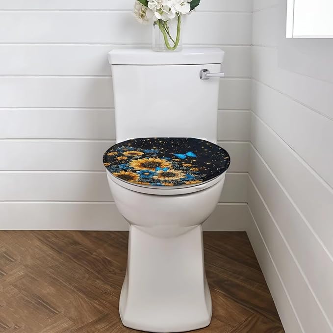 Butterfly Toilet Seat Cover with Elastic Band Sunflower Toilet Seat Dust Cover Soft Bathroom Replacement Butterflies Universal Fit Elongated Oval Round Lid Easy to Clean