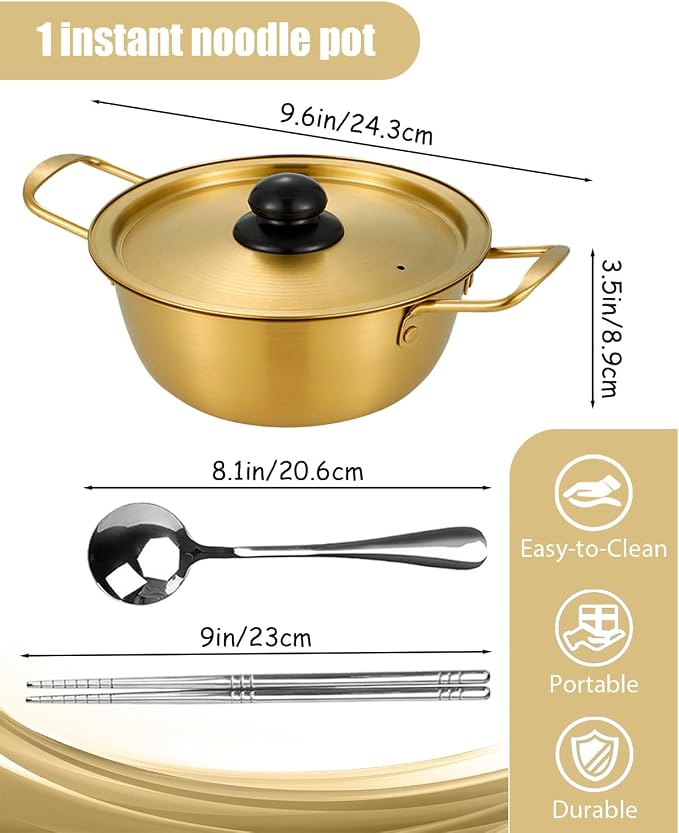 Korean Ramen Cooking Pot, Korean Noodle Pot Ramen Cooking Pots Instant Noodle Pots With Lid Spoon And Chopsticks (1pair) For Kitchen Cookware (9.6 x 3.5 Inches)