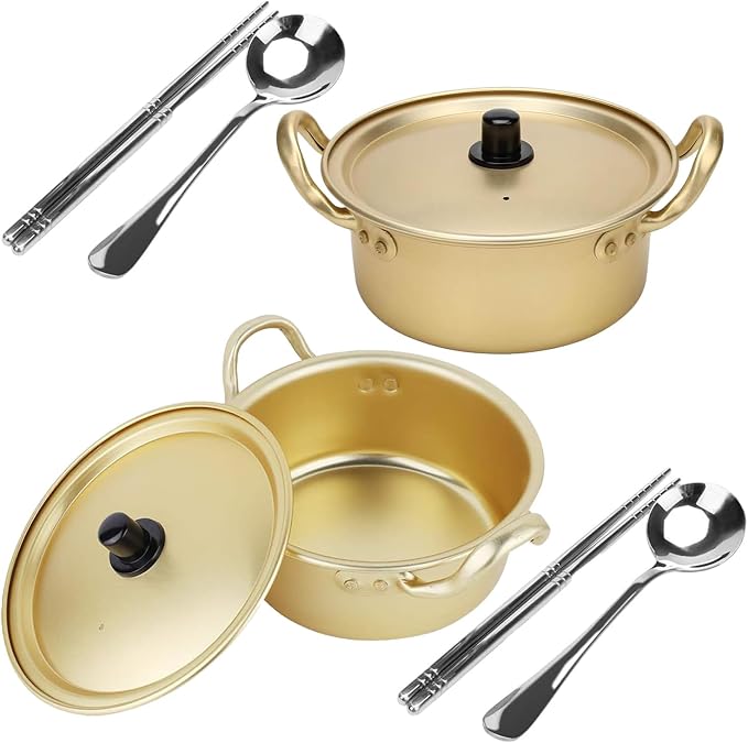 Ramen Pot, 2 Pack Korean Pots Korean Ramen Pot With Lid 2 Spoons And 2 Pairs Of Chopsticks For Kitchen Cookware