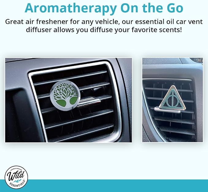Wild Essentials Mother’s Heart Essential Oil Car Vent Diffuser Kit – 316L Stainless Steel Locket, Rubber-Coated 4-Way Clip, 8 Color Pads (22mm), 25mm – Includes Alert & Inner Calm (2 x 10ml)