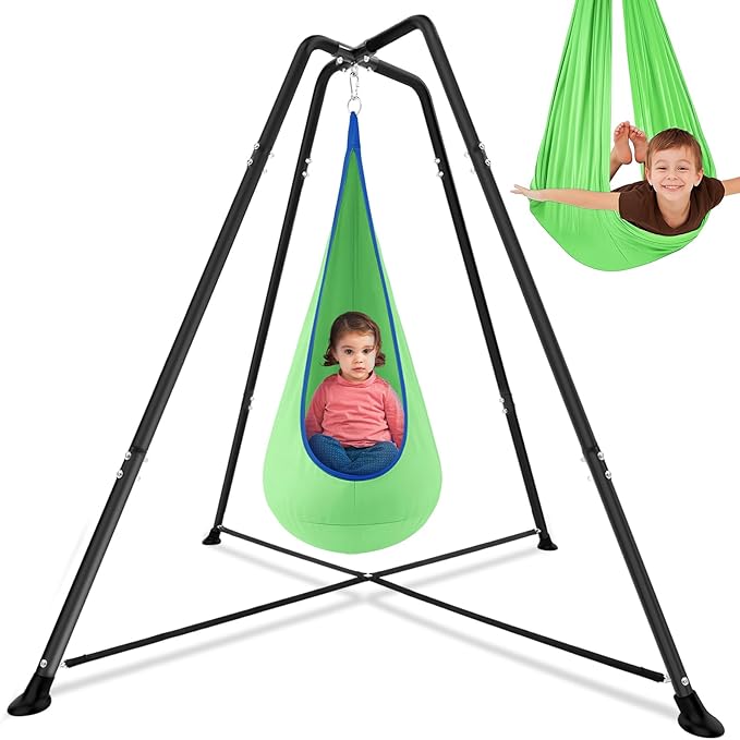 Sensory Swing Stand Frame with Pod Chair and Swings Set Kid Heavy Duty Metal Swing Stands Autism Hammock Chair Stand Tree Saucer Round for Kid Adult Indoor Outdoor Backyard Park(Grass Green)