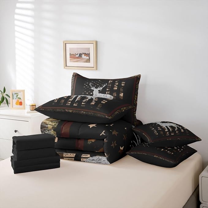 Feelyou Hunting Camo Deer Comforter Set Twin Size 7 Pieces Camo Wild Animal Bedding Set for Kids Boys Girls American Flag Bed in a Bag with Comforter, Sheets, Pillowcases, Cushion Covers Bedroom Decor
