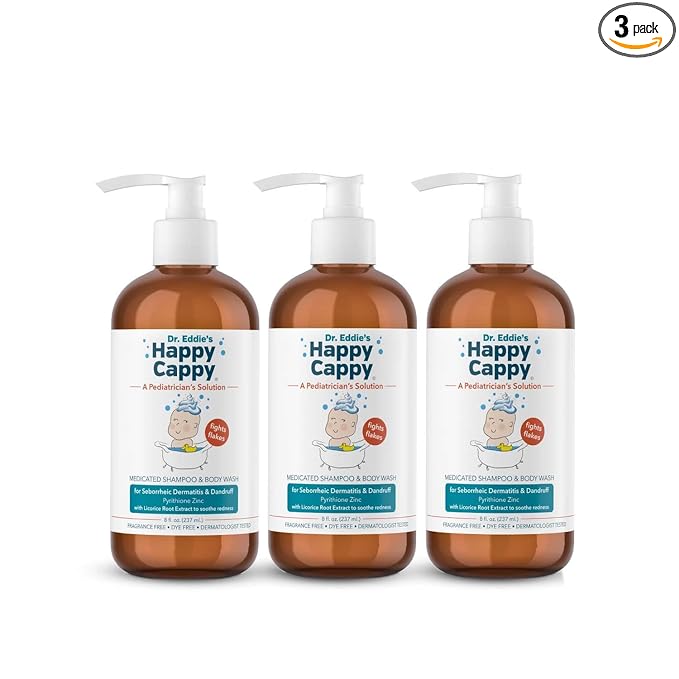 Happy Cappy Medicated Shampoo and Body Wash- Baby Dandruff Shampoo, Helps Cradle Cap and Seborrheic Dermatitis, Reduces Redness, Dermatologist Tested, Fragrance-Free- 8 Fl Oz (Pack of 3)