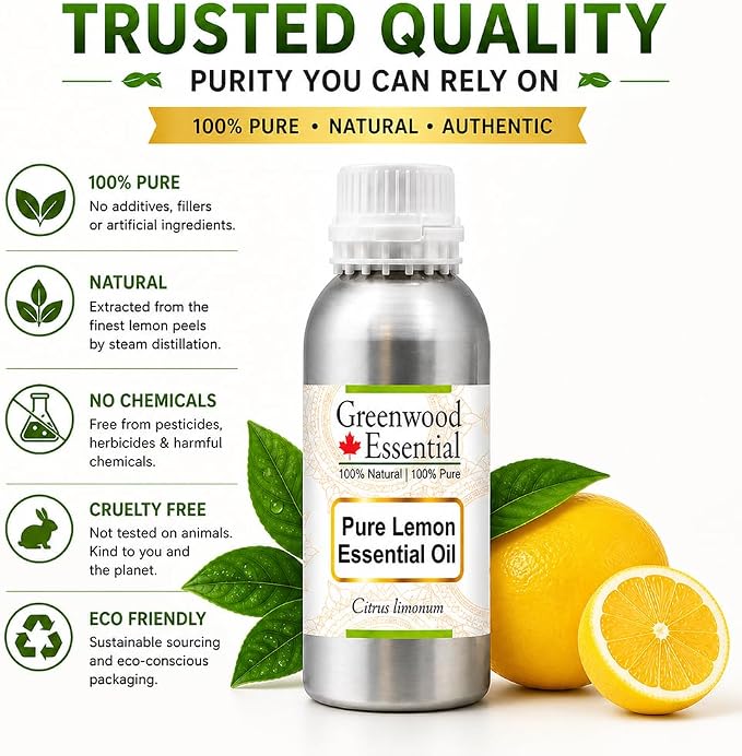 Greenwood Essential Pure Lemon Essential Oil (Citrus limonum) Steam Distilled 630ml (21.3 oz)