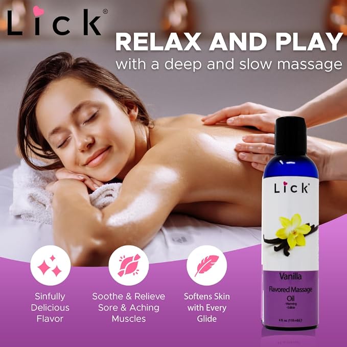 Lick Vanilla Flavored Massage Oil – Classic Dessert-Inspired Edible Massage Oil with Sweet Almond Oil, Silky Non-Greasy Glide for Couples Massage & Skin Care, 4 oz