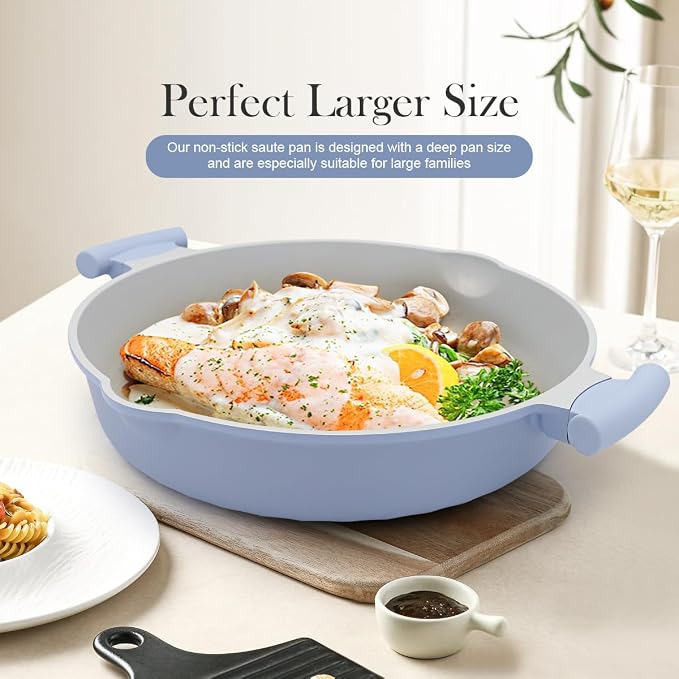 AIKENBBKK Ceramic Frying Pan Skillet Nonstick with Lid, 14 Inch Large Deep Saute Pan, Big Induction Pan Non Stick, 2-1 Cooking Cookware with Helper Handle,Family Size,Suitable for All Stoves,PFOA-Free