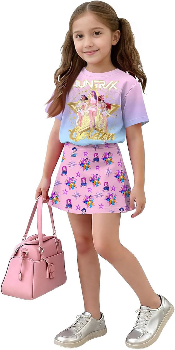 HTHLVMD K Pop Short Sleeve T-Shirt and Skirts Outfits Set for Girls Hunters Rumi Mira Zoey Graphic Tees De-Mon Costume