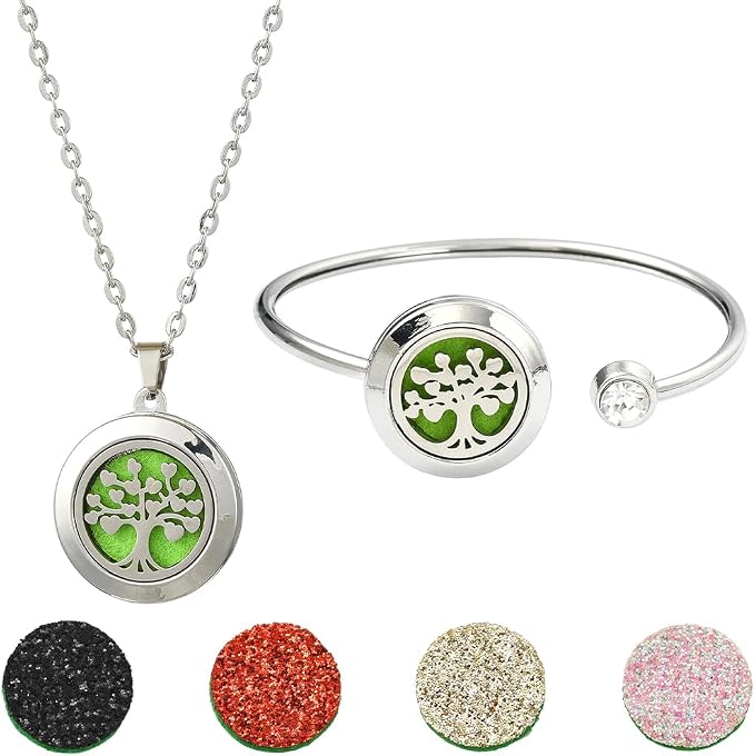 SUNNYCLUE 1Pc Essential Oil Diffuser Bracelet 1Pc Essential Oil Necklace with 4Pcs Refill Pads Tree of Life Stainless Steel Adjustable Bangle Bracelets Necklaces Aromatherapy Jewelry for Women Gift