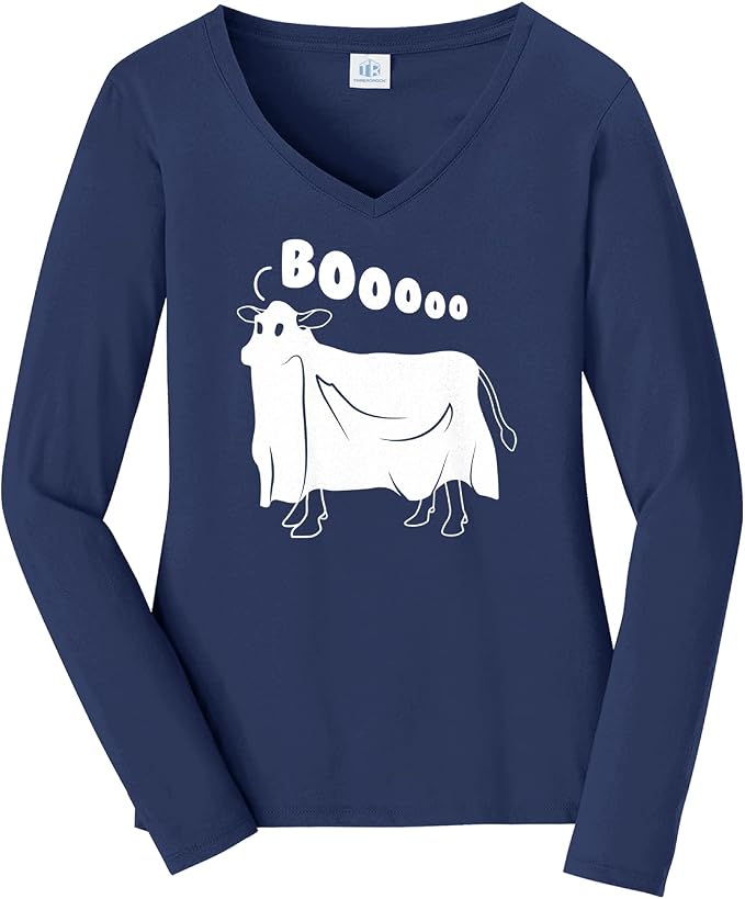 Threadrock Women's Cow Ghost Saying Moo Long Sleeve V-Neck T-Shirt