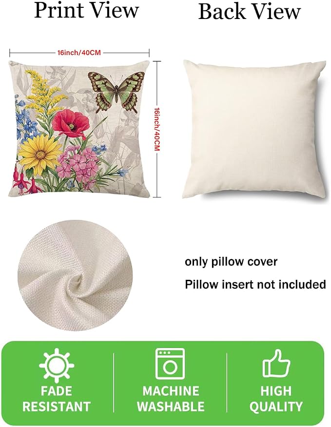 wyooxoo Throw Pillow Covers 16x16 Set of 4 Decorative Spring Pillow Covers Linen Flower Butterfly Farmhouse Pillowcases for Sofa Couch Living Room Outdoor
