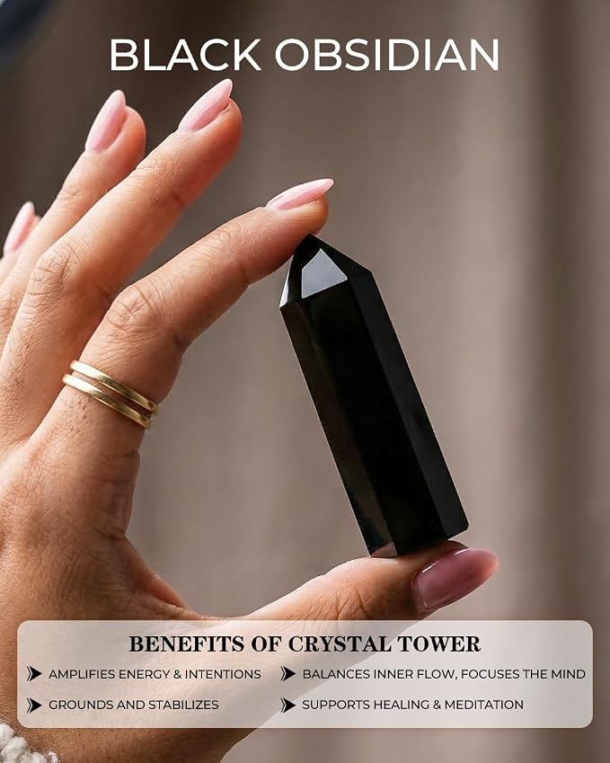 Natural Healing Crystal Wand Set - 2.4-2.8" Polished Gemstone Point Obelisk - Obsidian Hexagonal Towers for Reiki Energy, Chakra Balancing, Meditation & Home Office Decor - Spiritual Gifts for Women