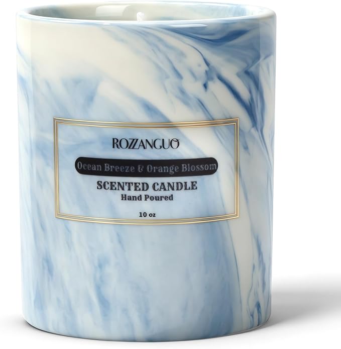 Luxury Marble Jar Scented Candle | Women Men | Non Toxic 100% Natural Coconut & Soy Wax Blend Cotton Wick | Hand Poured Highly Scented Long Lasting (Ocean Breeze & Orange Blossom, 10 oz)