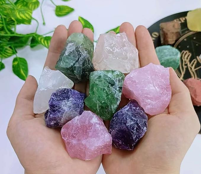 LAIDANLA 1lb 2" Rose Quartz Fluorite Amethyst Clear Quartz Set Natural Rough Stones Crystal Raw Crystals Bulk Healing Gemstones for Reiki Healing Tumbling Fountain Rocks