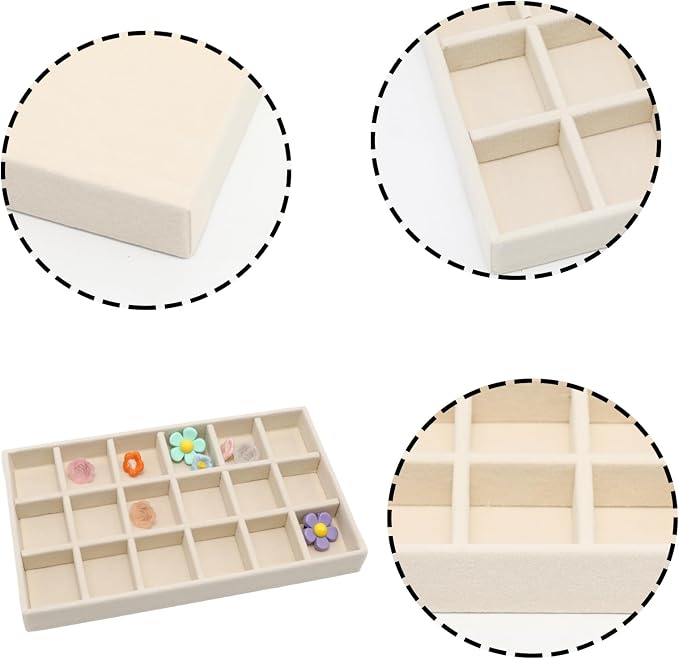 Velvet Jewelry Organizer Tray, Beige 18 Grids | Stackable Jewelry Storage Display Tray with Removable Dividers for Drawer Dresser Cloest Organizer