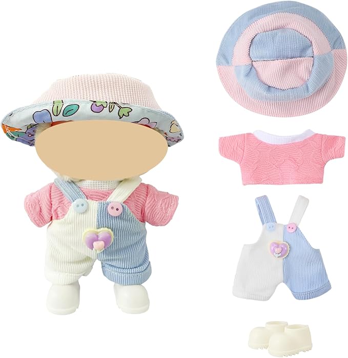Macaron Style Doll Clothes Set for 17cm Plush Dolls, Include 5 Outfits with Hats, Shoes, Glasses and Mini Bags, Cute Dress Up Accessories for Doll Play and Display (No Dolls) (Macaron Style)