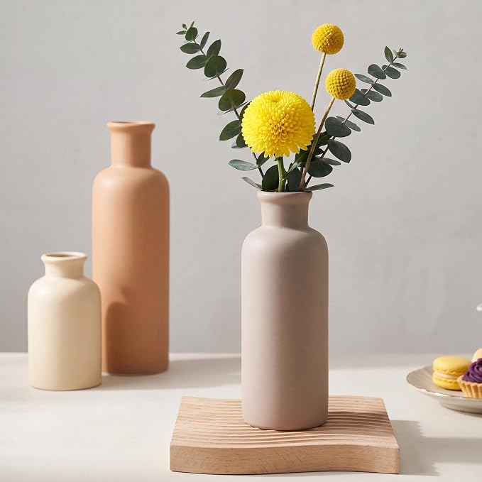 Ceramic Vase Set of 3, Brown Neutral Rustic Vases for Farmhouse Decor | Waterproof Farmhouse Vases for Pampas Grass & Dried Flowers, Rustic Vase for Table Bookshelf, Living Room